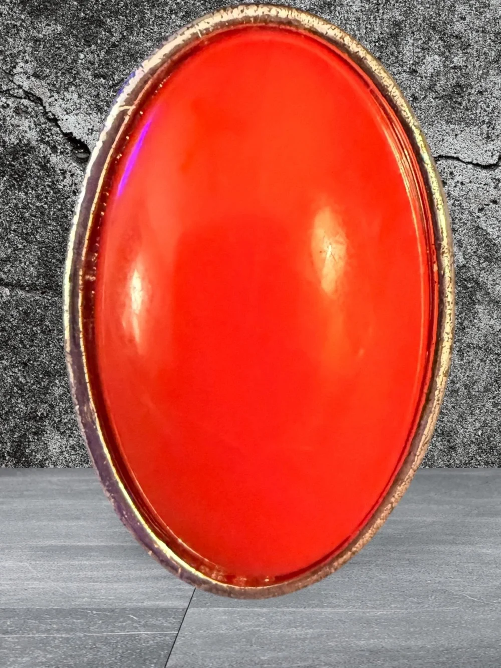 Vintage Silvertone Statement Ring – Coral-Colored Cabochon – Size 8